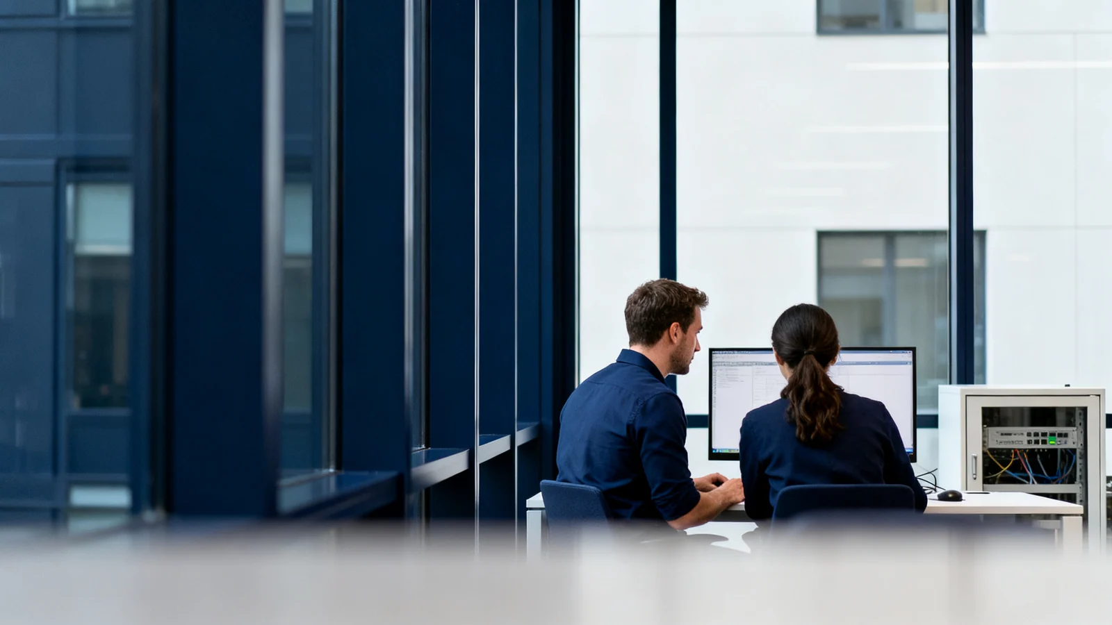 Dois profissionais analisando um ambiente de trabalho.